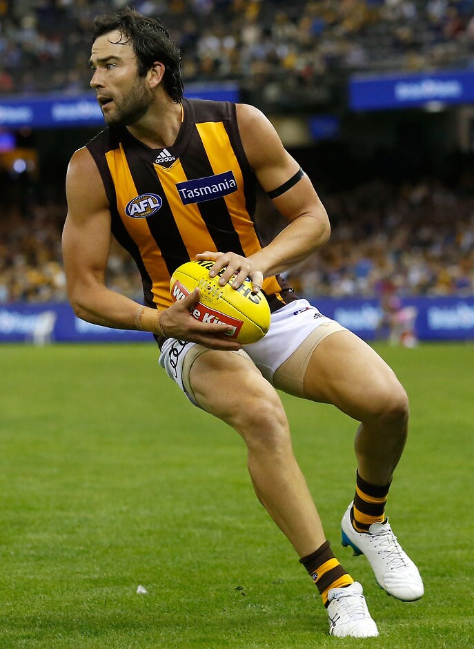 AFL 2016 Rd 03 - Western Bulldogs v Hawthorn MELBOURNE, AUSTRALIA - APRIL 10: Jordan Lewis of the Hawks in action during the 2016 AFL Round 03 match between the Western Bulldogs and the Hawthorn Hawks at Etihad Stadium, Melbourne on April 10, 2016. (Photo by Michael Willson/AFL Media)